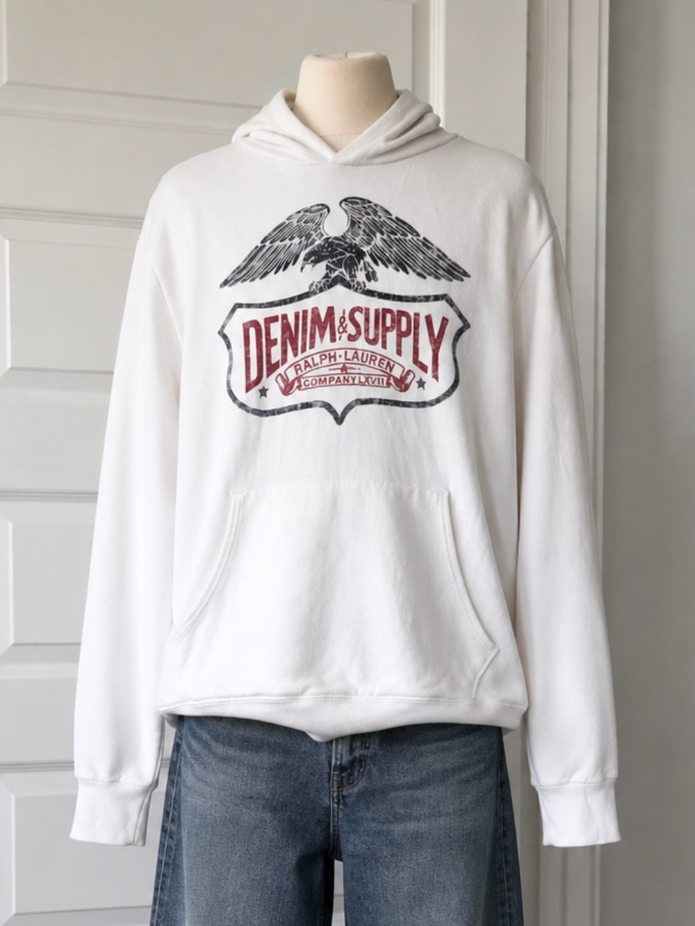 Denim & Supply Ralph Lauren Hoodie White Eagle Graphic Distressed Pullover